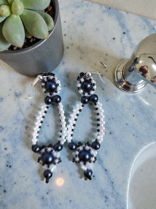 Gorgeous White Navy Fringe Teardrop Earrings