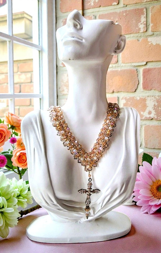 Swarovski Champagne Crystal Necklace & Ring Set with Copper Rhinestone Cross