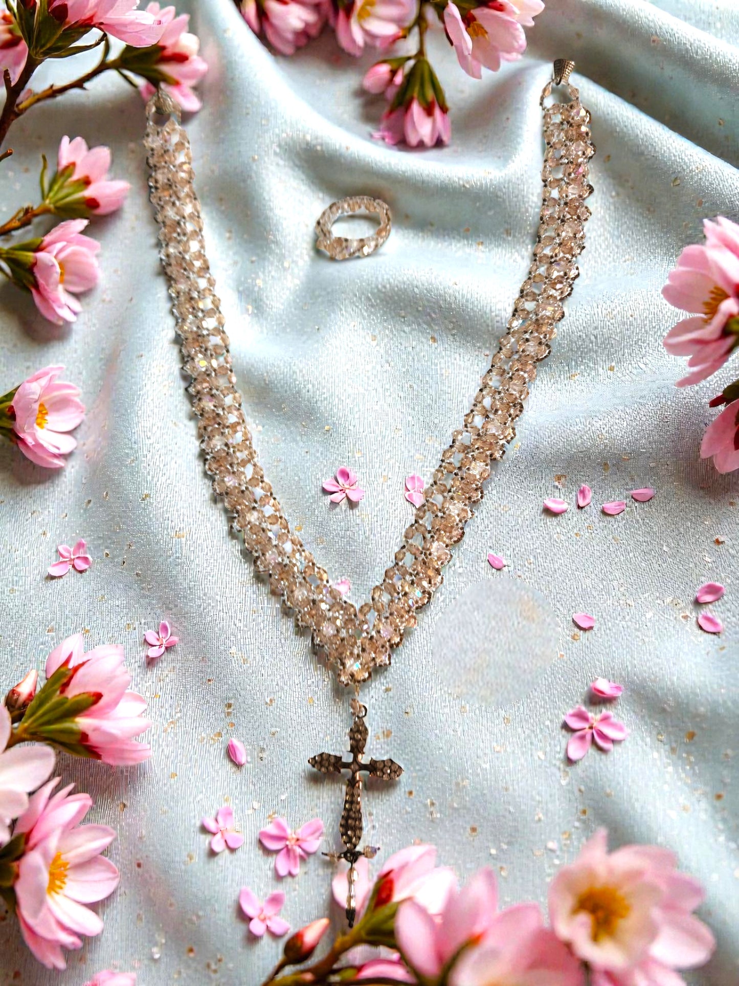Swarovski Champagne Crystal Necklace & Ring Set with Copper Rhinestone Cross